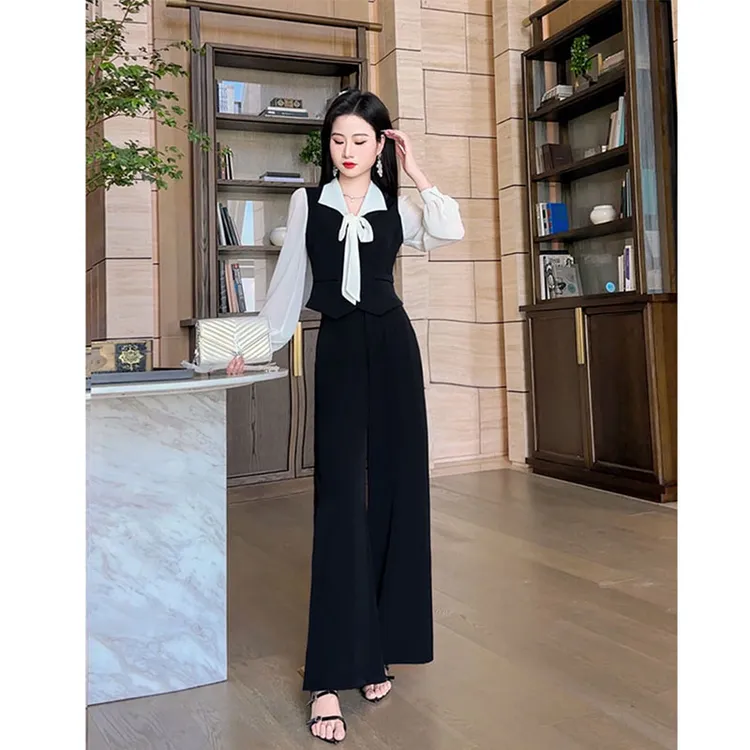格润雅2025新款拼色时尚套装小众设计感蝴蝶结上衣阔腿裤两件套