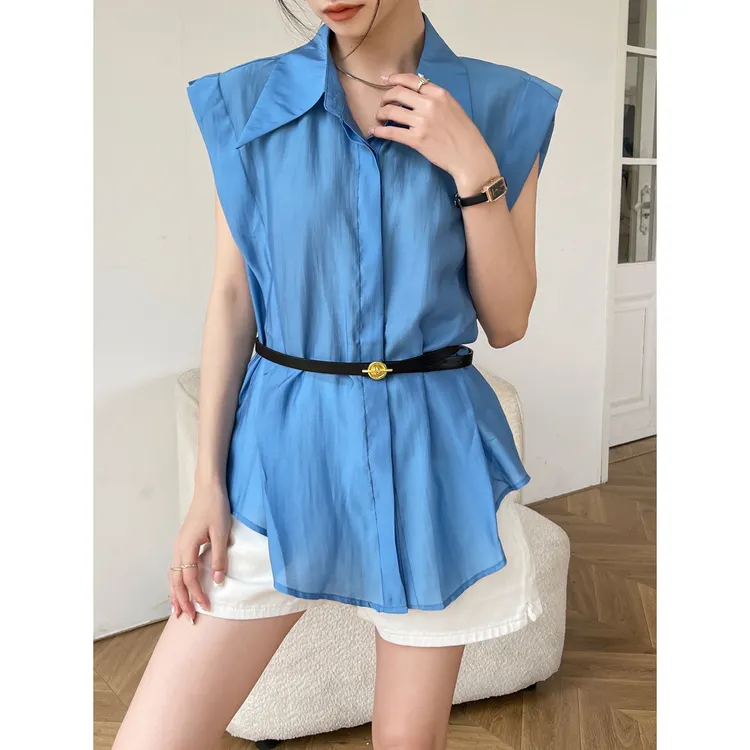 深蓝色POLO领无袖衬衫女2025新款夏季韩系显瘦雪纺休闲上衣设计感
