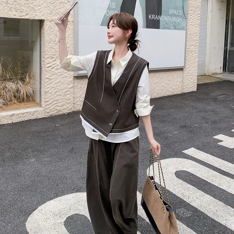 气质老钱风套装裤女2025春秋新款简约设计感马甲衬衫阔腿裤三件套