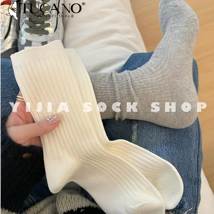 袜子女透气宽松中筒袜秋冬纯棉长袜抽条竖条日系堆堆袜配小皮鞋潮