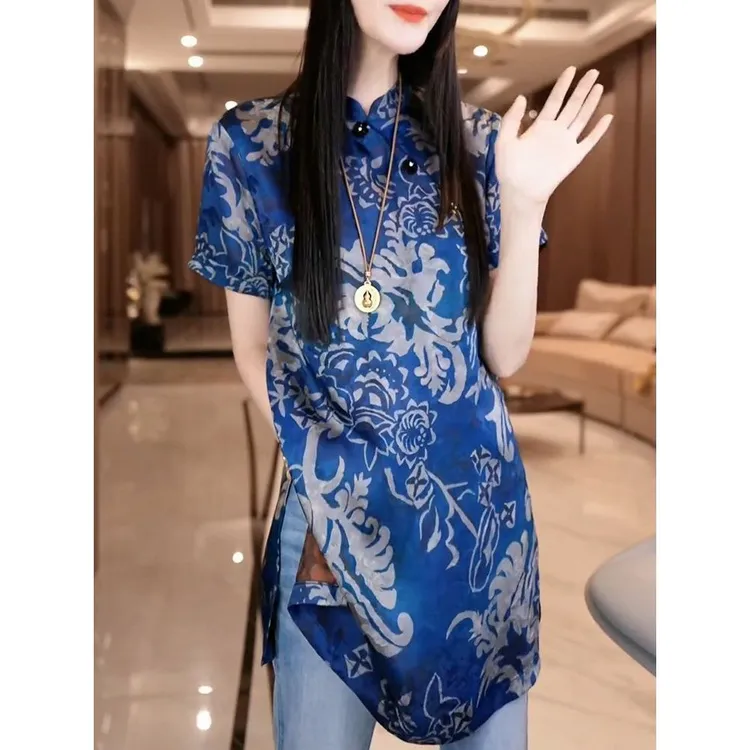 高级时尚国风优雅气质短袖衬衫女2025夏季新款下摆开叉减龄衬衣