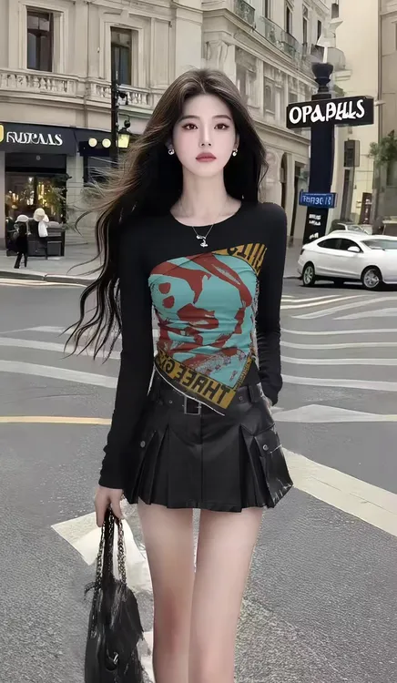 轻奢高端休闲通勤风黑色圆领长袖印花上衣+黑色百搭半身裙两件套