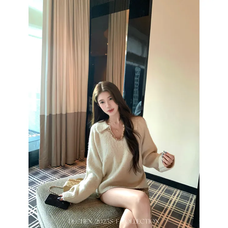 【禾呈】秋宽松套头翻领亮片V领毛衣秋冬软糯时尚休闲针织上衣10626