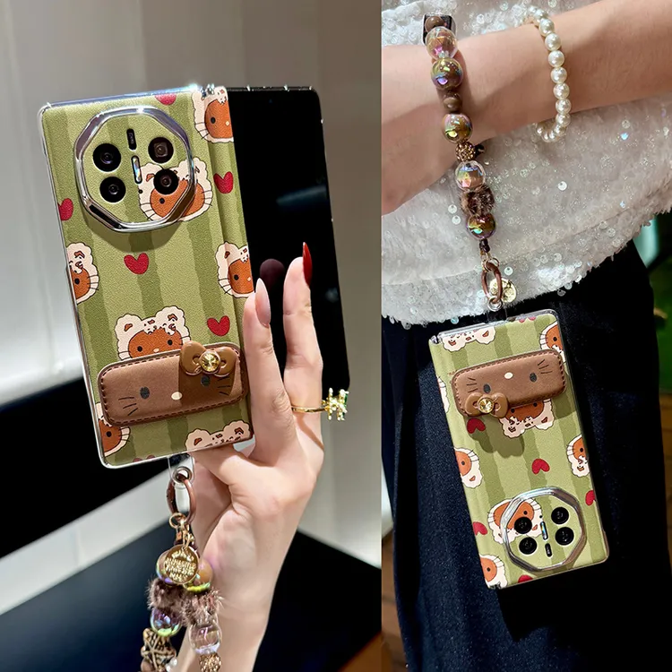 适用华为matex5手机壳新款折叠屏mateX6典藏版x3电镀皮纹支架女款