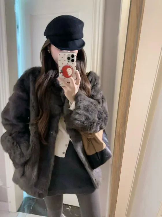 【古古】超美高级保暖系列长款兔毛基础深灰色皮草外套 G25518