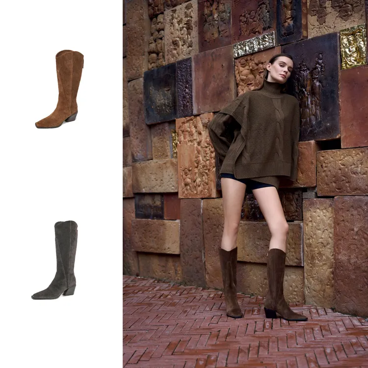 2024秋冬季新款牛仔高筒靴女靴过膝长靴中筒长筒骑士英伦粗跟复古