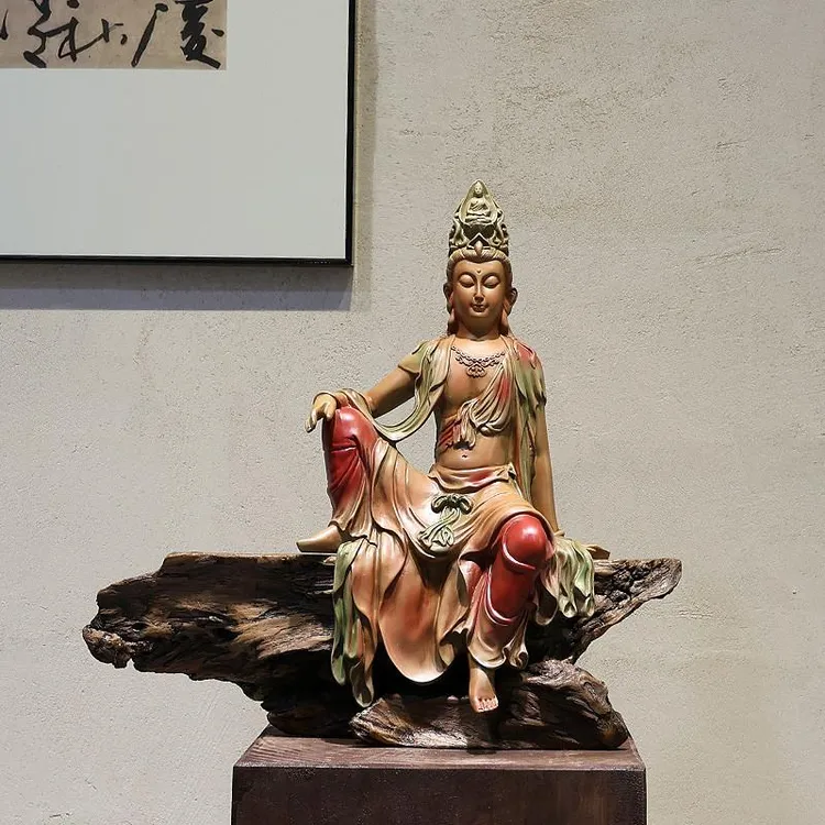 新中式家居水月自在观音菩萨客厅玄关创意博古架鱼缸禅意佛像摆件