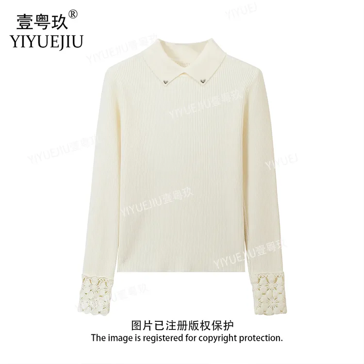 2025新款秋冬花边袖软糯针织衫女修身显瘦套头毛衣厚款内搭打底衫