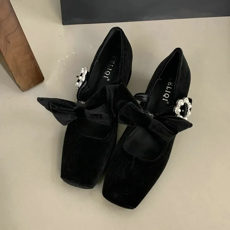 高级感2025春秋新款法式两穿蝴蝶结丝绒玛丽珍鞋方头粗跟中跟单鞋