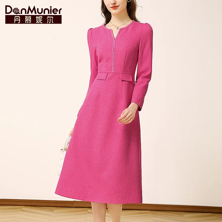 丹慕妮尔法式高端小香风连衣裙女2025早春新款v领气质收腰a字裙子