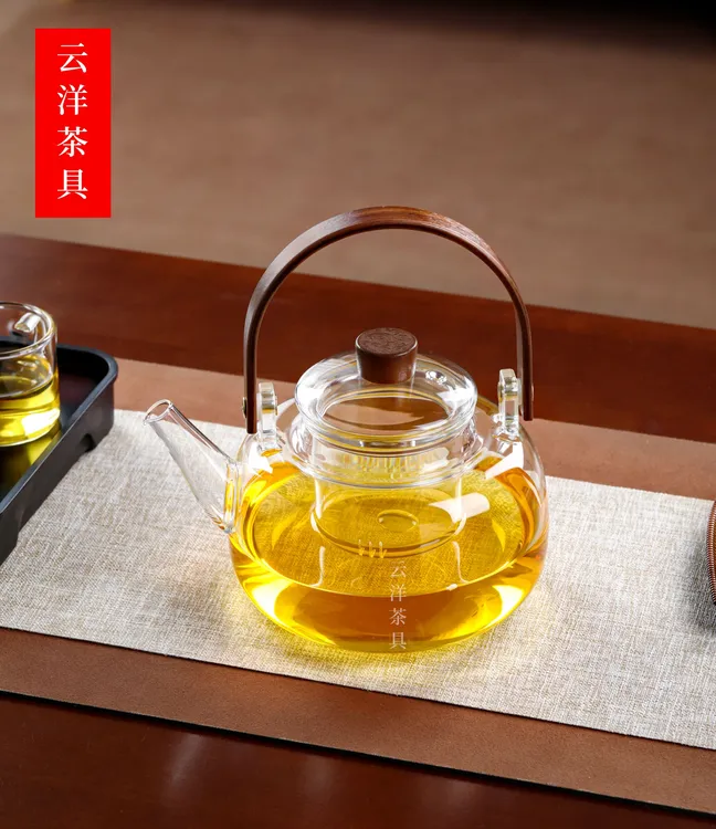 实木把手提梁壶玻璃茶壶茶具家用加热耐高温泡茶器加厚煮茶单壶