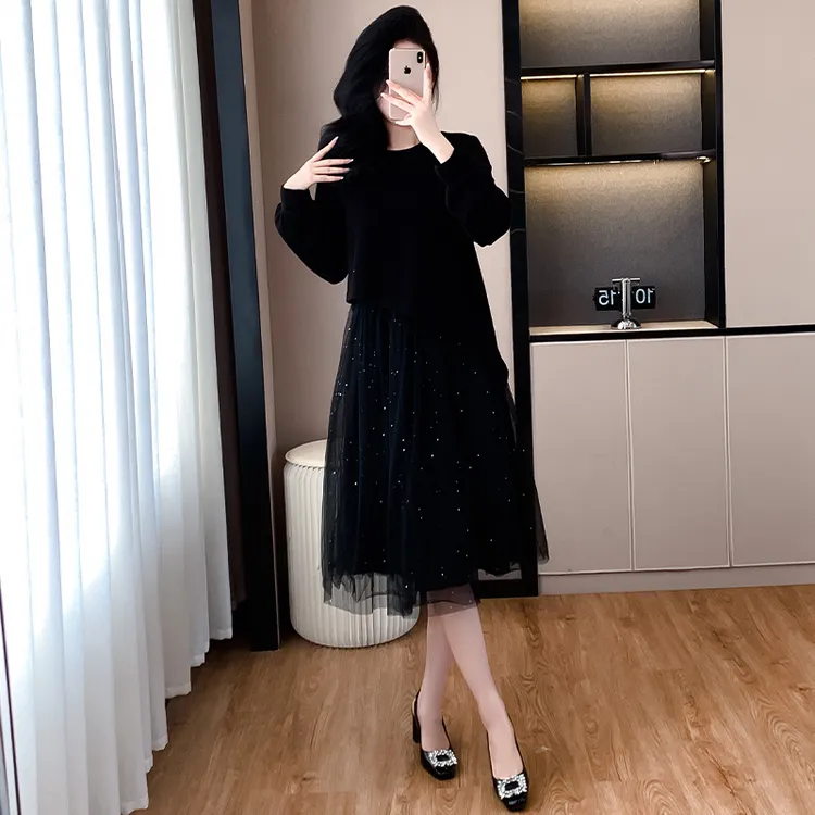 大码女装假两件气质拼接连衣裙胖mm中长款赫本风高级感显瘦小黑裙