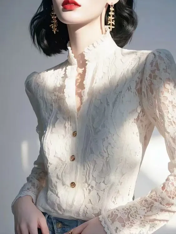 SS872欧货白色蕾丝打底衫2025春法式高级感独特漂亮气质修身上衣