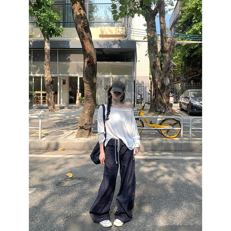 网红时尚炸街新款女装2025夏季薄款长袖漏肩上衣女高腰百搭休闲裤