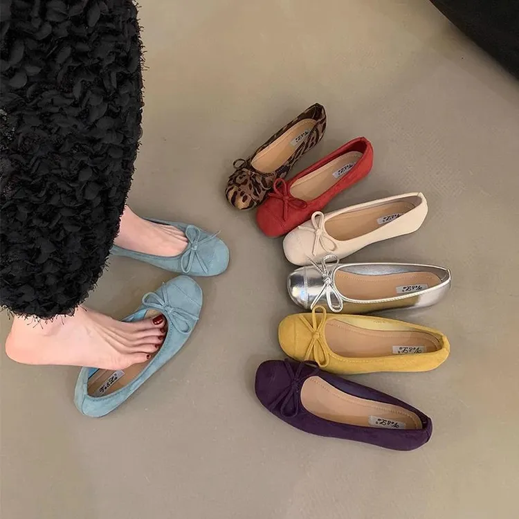 法式复古银色软底单鞋女夏季瓢鞋晚风蝴蝶结平底鞋红色奶奶鞋