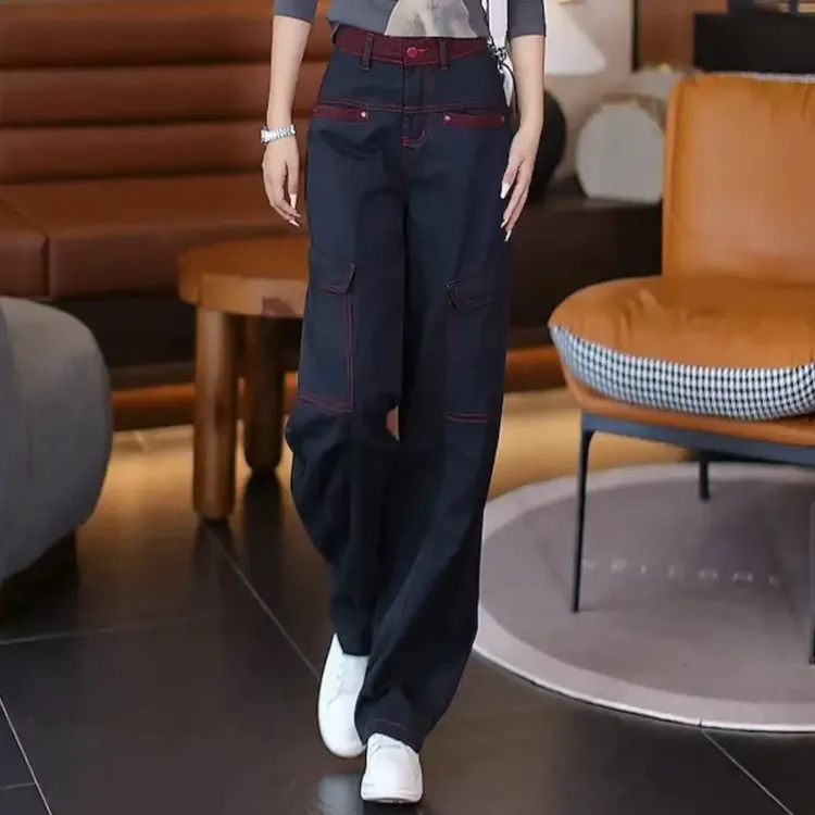 时尚撞色工装牛仔阔腿裤女2025秋季新款洋气显瘦百搭拖地直筒裤潮