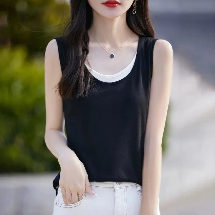 春夏季大码假两件撞色吊带背心女设计感外穿百搭显瘦内搭无袖上衣