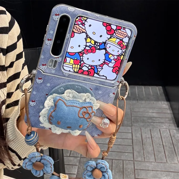适用华为purax典藏版折叠屏手机壳pocket2牛仔纹碎花kt猫磁吸支架
