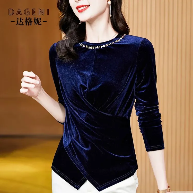 高级感重工钉珠丝绒长袖t恤女2025年秋季新款不规则收腰下摆上衣