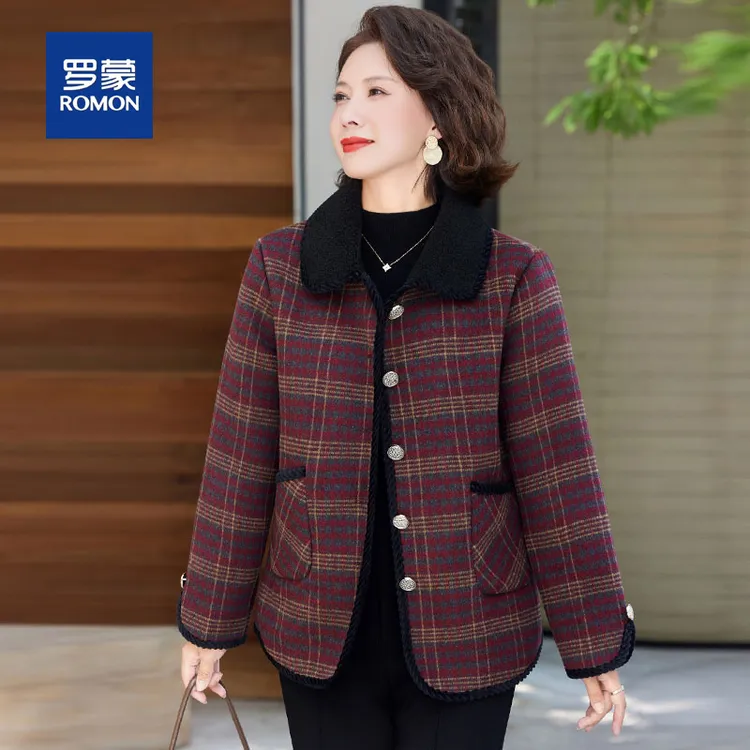 罗蒙中老年妈妈秋冬外套女时尚洋气格子毛呢保暖上衣老年人奶奶装