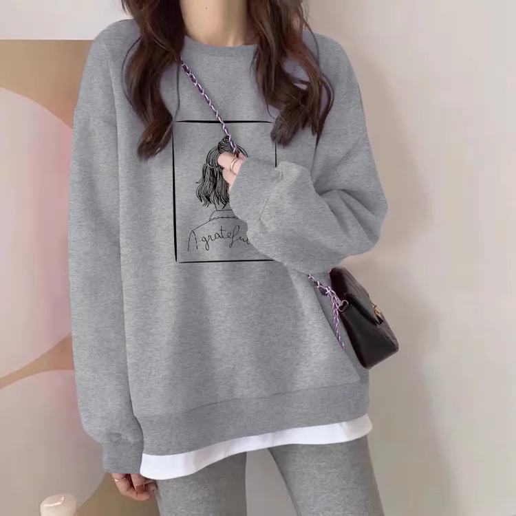 假两件2026新款灰色圆领卫衣女休闲时尚减龄洋气加绒加厚上衣女