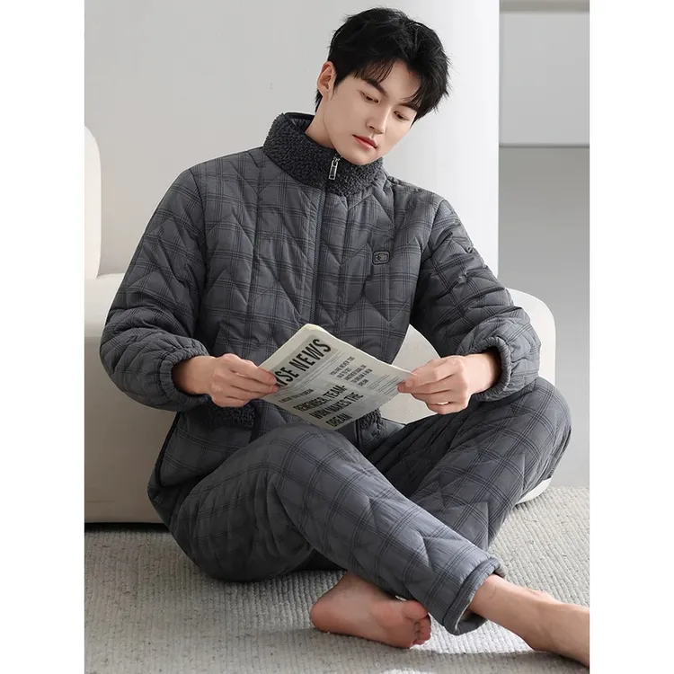 抗寒入冬三层夹棉睡衣男士羽绒服高级感可外穿保暖可外穿男家居服