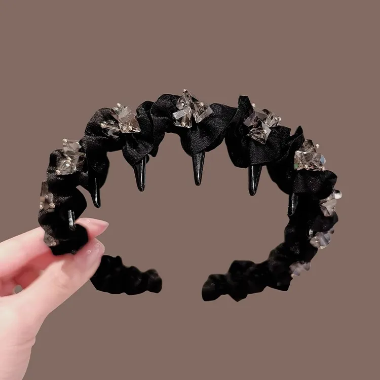 韩国东大门精致感黑色水钻发箍女高颅顶通勤外出带齿防滑束发头箍