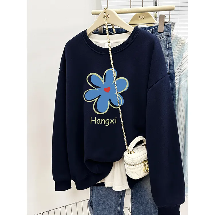 深蓝色圆领无帽卫衣女秋季2025年新款韩版设计感宽松时尚套头上衣