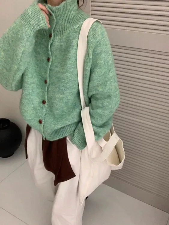复古木扣立领外穿纯色软糯针织女韩版百搭显瘦秋冬长袖慵懒风开衫