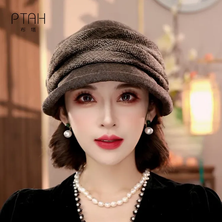 布塔小香风堆堆帽女士秋冬时尚羊毛混纺呢帽保暖时尚渔夫帽PT0806