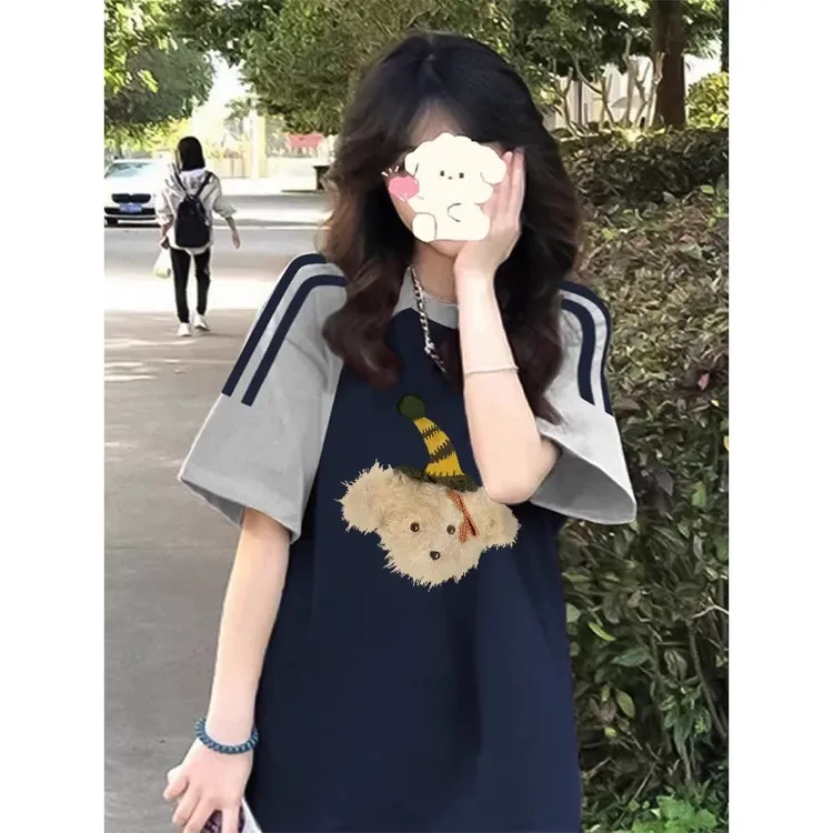  蓝色短袖纯棉T恤女夏季新款韩系慵懒宽松设计感小众休闲半袖上衣