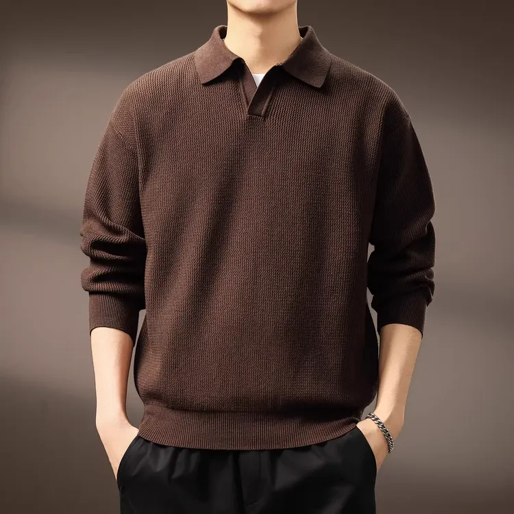 美式复古海鸥领毛衣男士秋冬新款宽松老钱风套头打底坑条针织衫男