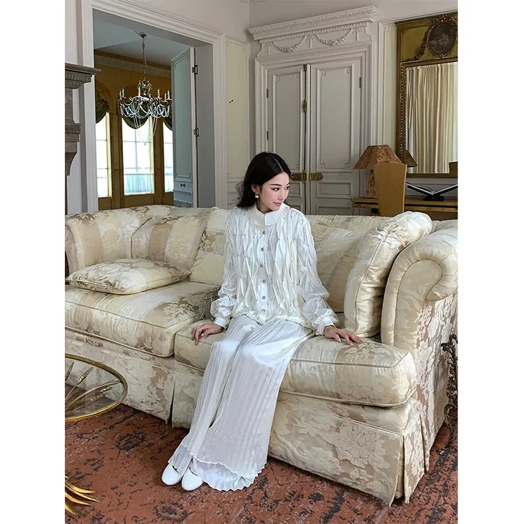 2025夏季新款ins气质御姐范设计感褶皱翻领长袖开衫配休闲长裤女