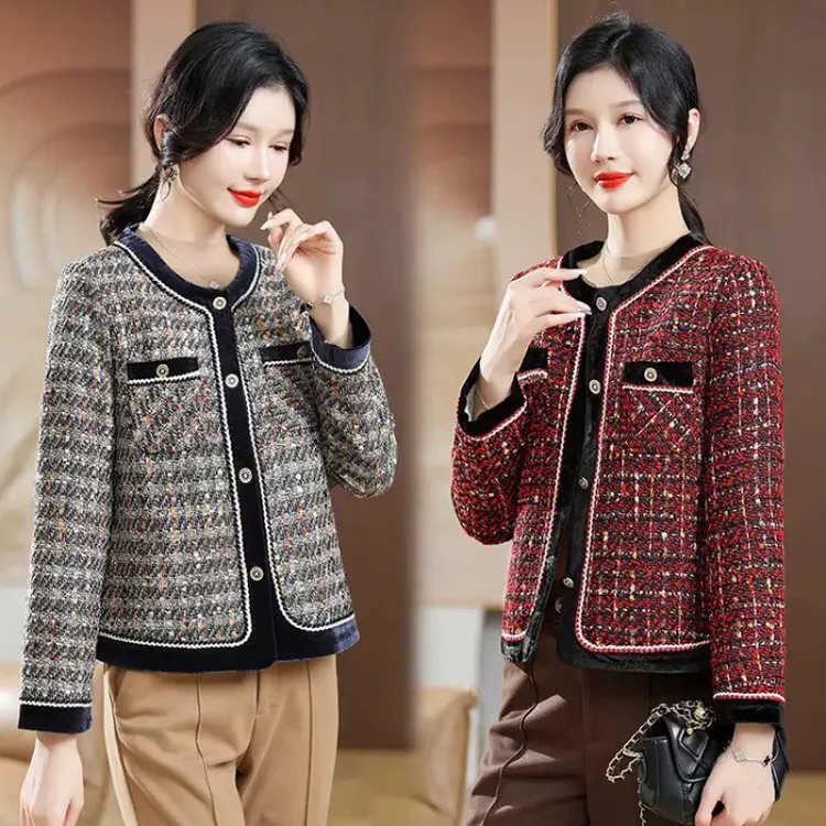 小香风2025春秋新款小香风短外套女洋气妈妈减龄显瘦格子上衣