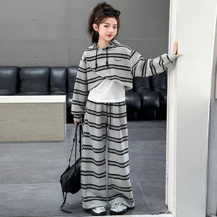 女童春款套装2025新款洋气大童春秋条纹连帽卫衣阔腿裤休闲套装