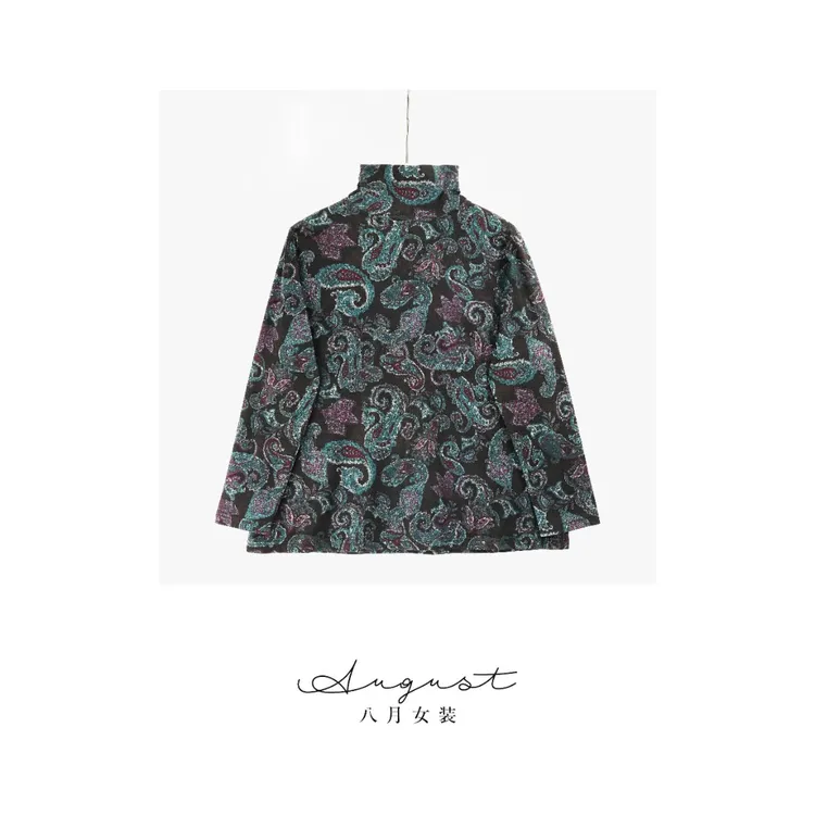 【BAYUE】3739印染长袖碎花高领花色T恤复古时尚秋冬新款