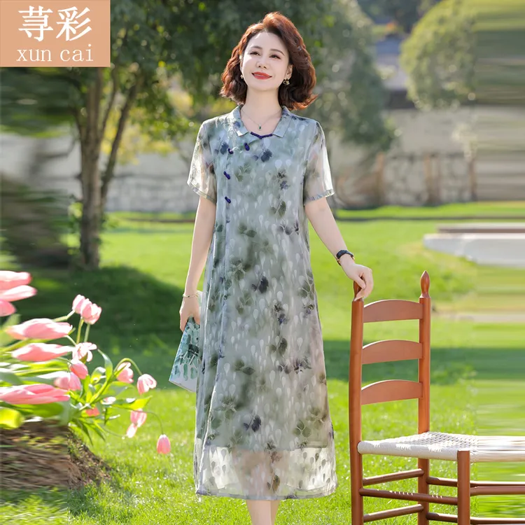 中年妈妈过膝改良旗袍裙短袖连衣裙显瘦新中式国风雪纺印花长裙子