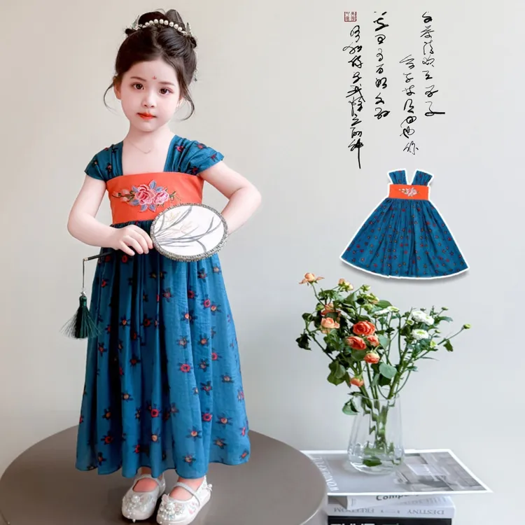 女童旗袍儿童夏装2025新款中国风新中式汉服女孩蓝色碎花连衣裙子