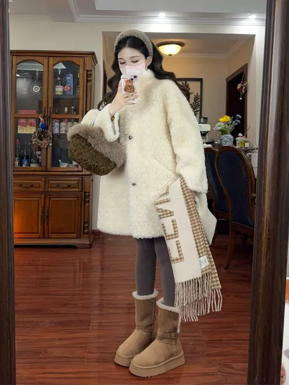 人造皮草 宽松洋气仿羊羔毛外套女冬中长款高级休闲气质毛绒大衣