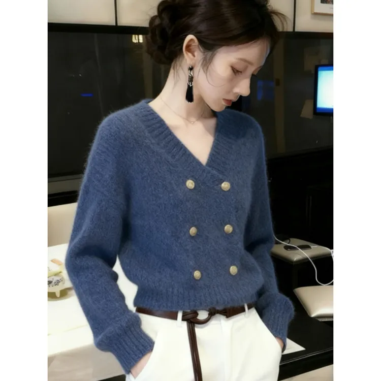 韩系chic复古风蓝色v领长袖毛衣针织开衫女秋冬款超好看软糯小衫