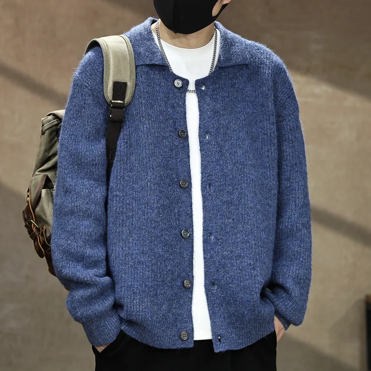 秋冬新款羊毛混纺厚款针织开衫男款上衣美式高端翻领毛衣情侣外套