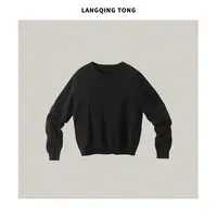 LANGQING 黑色圆领套头休闲宽松棉麻混纺针织毛衫44079#
