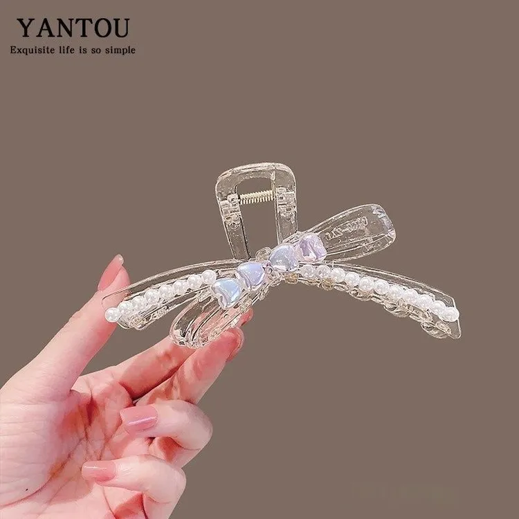 韩国新款亚克力水钻蝴蝶结抓夹女发夹网红甜美发抓半抓发饰鲨鱼夹