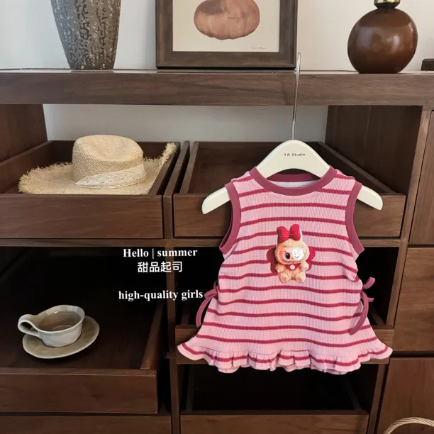 【甜品起司】可爱bubu！女宝宝幼儿园穿搭休闲洋气条纹卡通背心裙