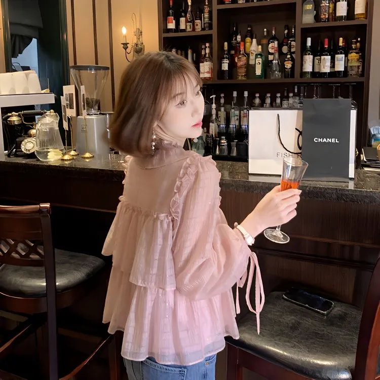 气质雪纺衫女2025春夏新款木耳边长袖衬衣高端名媛遮肚显瘦雪纺衫