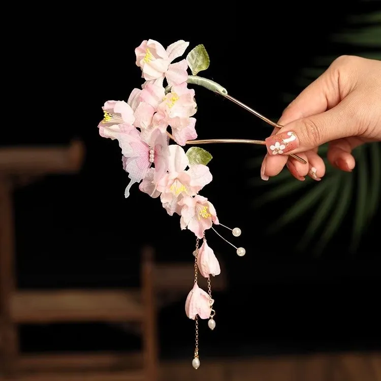 汉服头饰簪花古风发饰发簪流苏步摇蝴蝶大u簪唐风花朵桃花u型发钗