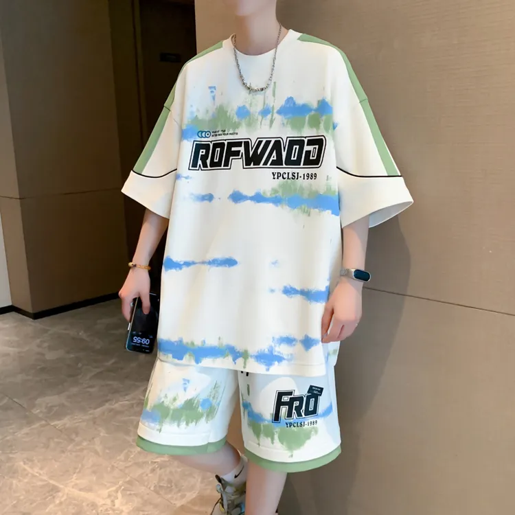 夏季ins风宽松嘻哈半袖T恤两件套青少年美式高街休闲运动短袖T恤