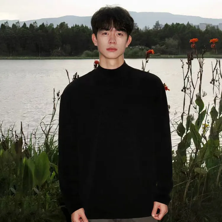 双面德绒半高领打底衫男款秋冬季美式卫衣保暖内搭纯色长袖t恤衫