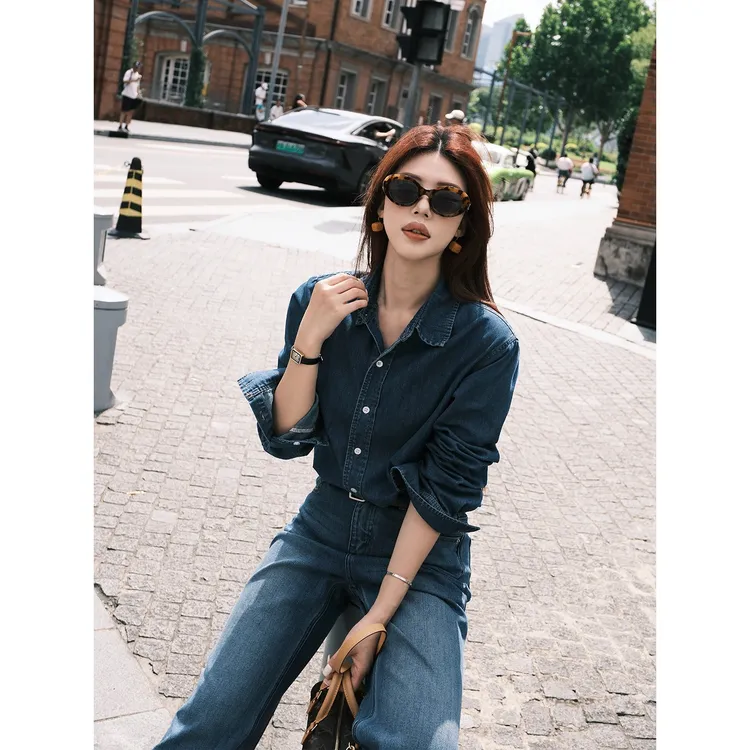 秋季新款上衣女洗水牛仔明线线设计衬衫