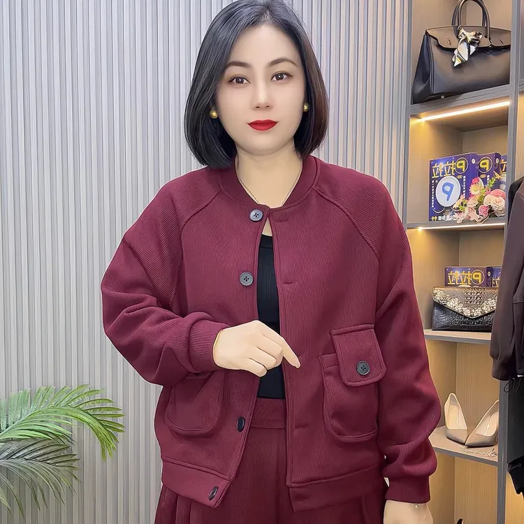 89095款极简风棒球领长袖宽松加绒短外套百搭洋气女士